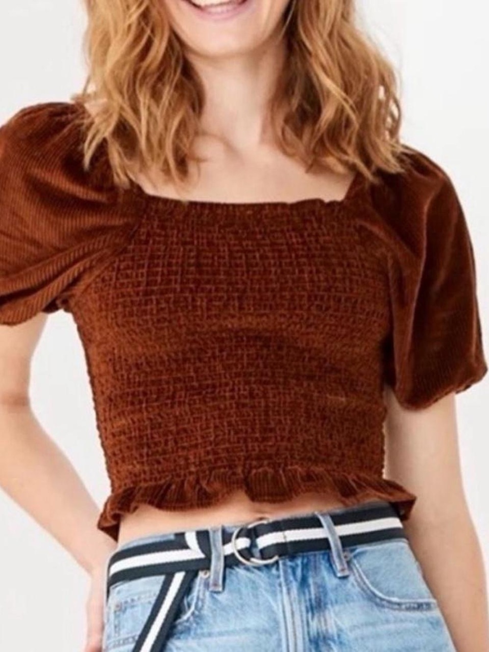 American Eagle Outfitters Chestnut Brown Smocked Square-Neck Crop Top